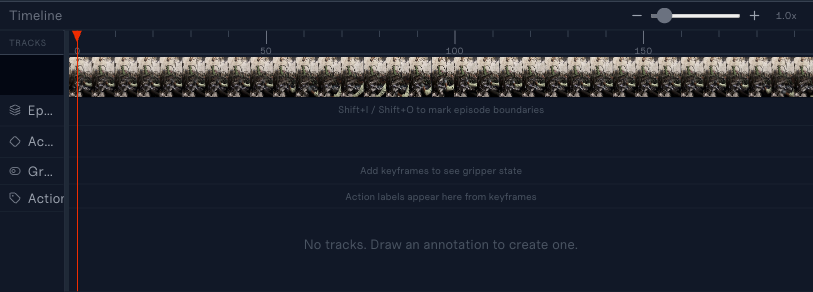 Multi-lane timeline with episode, action keyframe, and track lanes