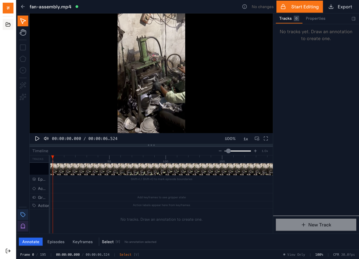 Jnana Labeling Engine workspace showing video annotation editor with timeline, canvas tools, and track management