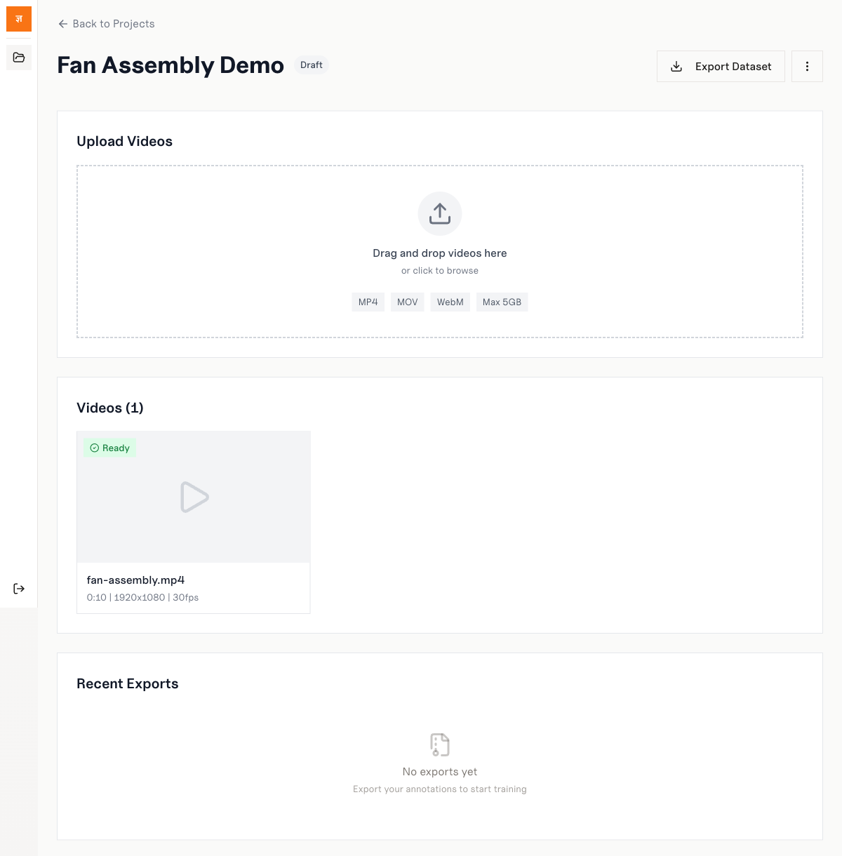 Project detail view with uploaded video ready for annotation